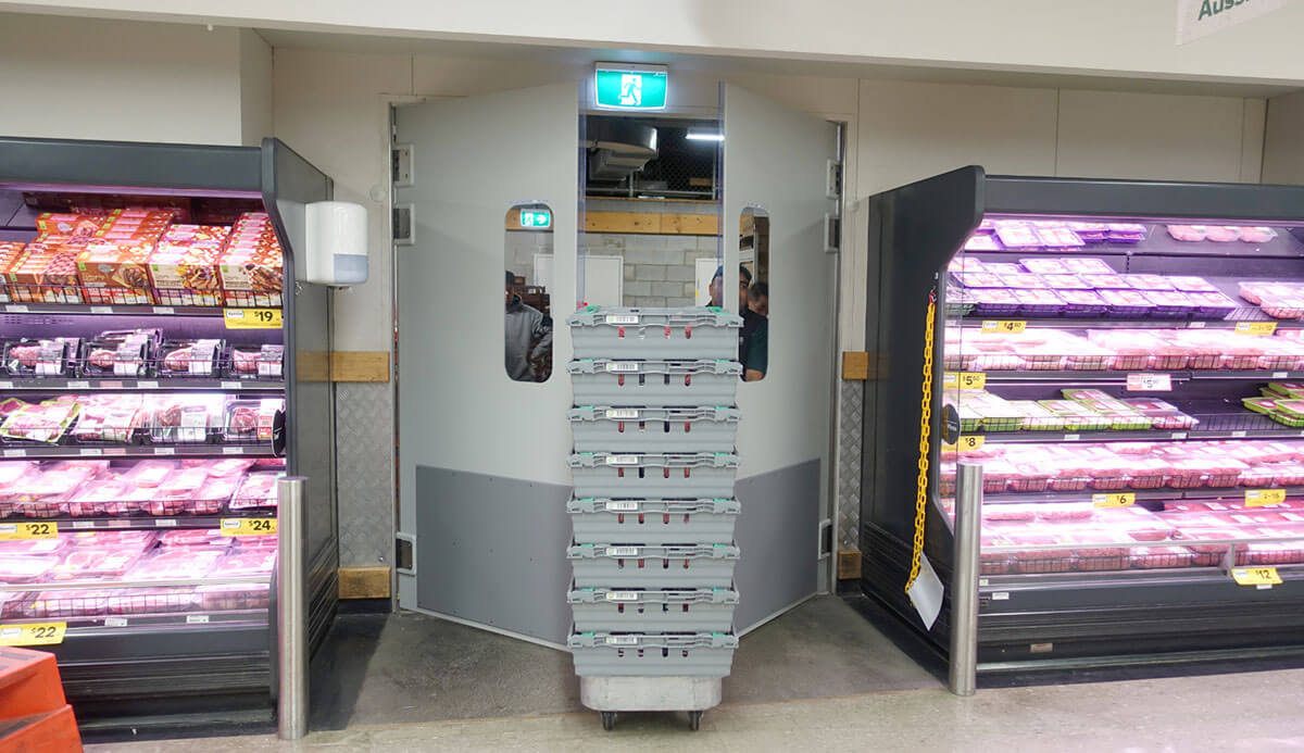 Retail swing door in supermarket